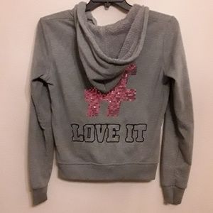 🍭5 for $25 “LOVE IT” hoodie, Sz L, sequin details